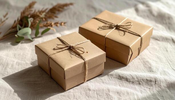 Two brown kraft paper gift boxes tied with natural twine sit on textured fabric surface with soft natural light and dried foliage in background, evoking warm and rustic feel photo