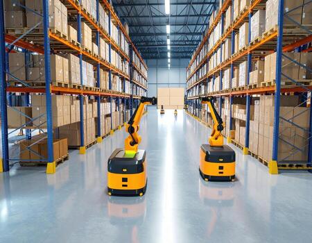 Automated warehouse robots lifting cardboard box in large storage facility with shelves full of packages and polished floor under bright ceiling lights photo
