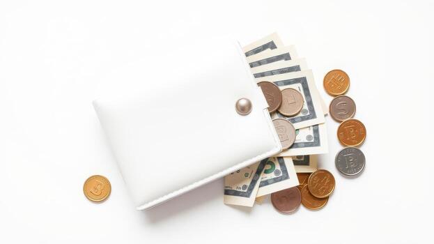 white wallet with cash and coins scattered around, showcasing minimalist design. wallet is open, revealing various banknotes and coins, creating clean and organized look photo