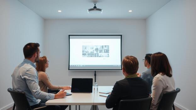 Meeting room with professionals discussing presentation on screen. group includes men and women engaged in collaborative environment, showcasing teamwork and communication photo