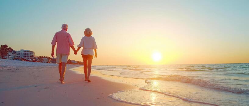 Couple walking hand in hand on beach at sunset, with waves gently lapping at shore. photo