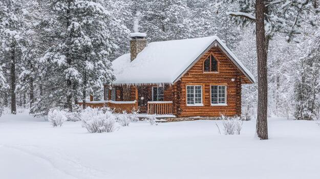 A small log cabin in the woods covered in snow photo