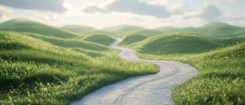A winding path through lush green hills under a cloudy sky. photo