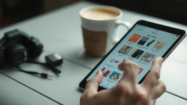 Person using tablet with coffee and camera on table, modern lifestyle concept photo