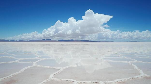 vast salt flat reflecting sky, creating stunning landscape with hexagonal patterns and fluffy clouds. serene atmosphere invites tranquility and wonder photo
