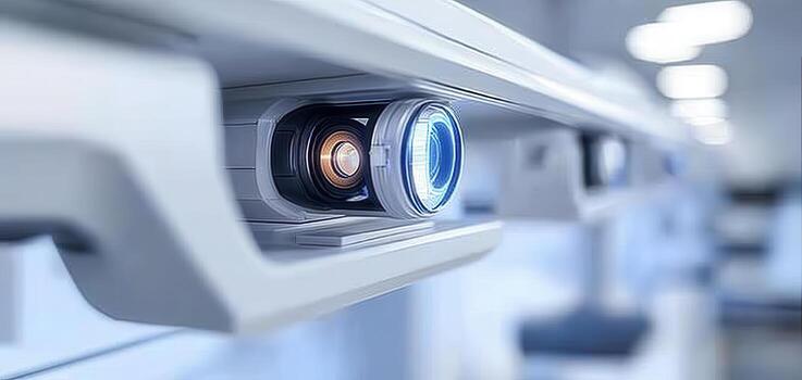 Close-up of a high-tech camera lens with detailed components. photo