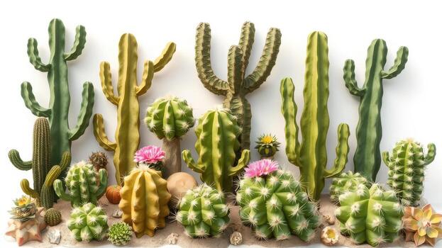 A row of cactus plants on a white background photo