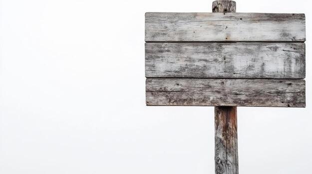 Wooden signpost with blank weathered boards against light background photo