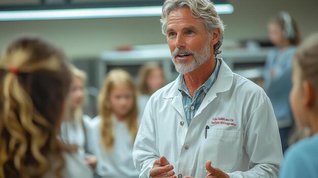 A man in a lab coat talking to a group of students photo