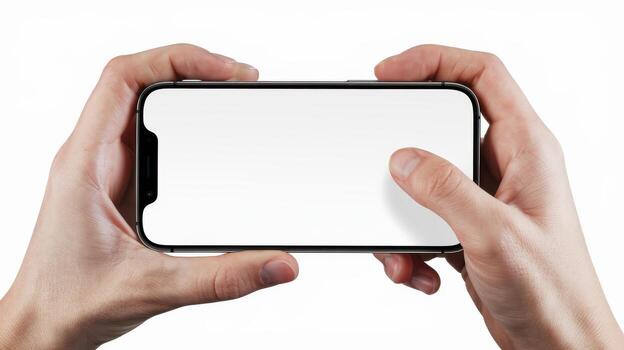 Hands holding a smartphone, blank screen, white isolated background. photo