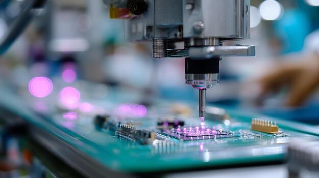 Advanced technology is in action at a circuit board assembly line during a busy manufacturing process photo