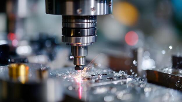 Precision machining process featuring a CNC machine with sparks flying in a modern workshop setting photo