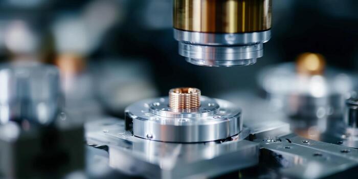 Precision machining process captures automated equipment working on metal components in a factory setting photo