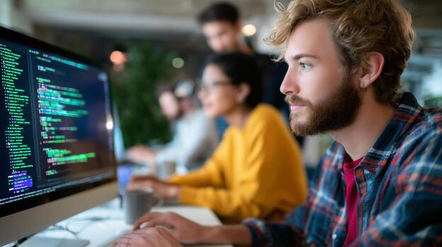 joven adultos comprometido en codificación y programación a un moderno espacio de trabajo durante tiempo de día foto