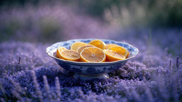 Serving Citrus Slices in Decorative Bowl in Lavender Field Setting photo