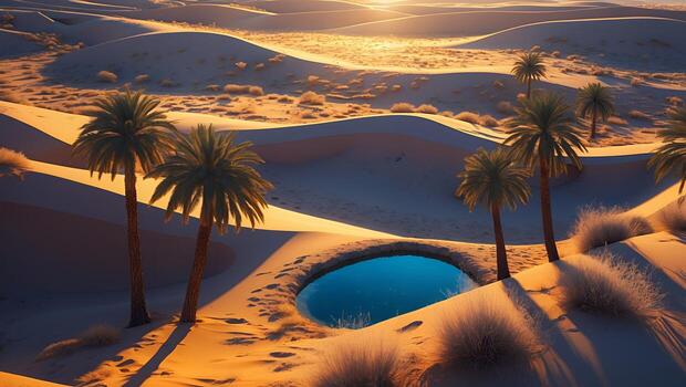 Desert Oasis with Palm Trees and Water Hole at Sunset photo