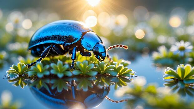 Blue Beetle Walking on Water Plants with Sunlight Reflection Macro photo
