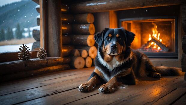 Dog Relaxing Indoors by Fireplace in Rustic Log Cabin During Winter photo