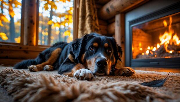 Dog Relaxing by Fireplace During Autumn Inside Cozy Log Cabin photo