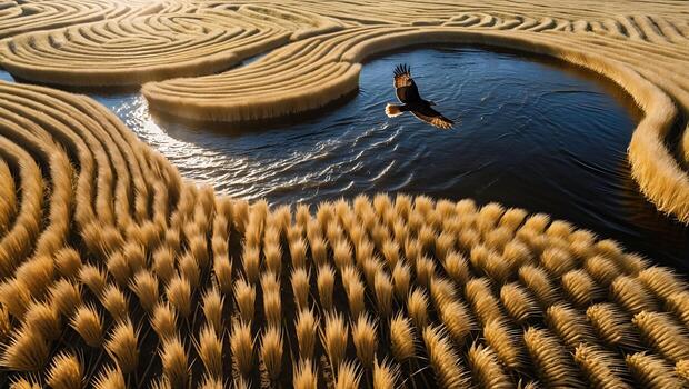 Eagle Flying Over Patterned Grassy Fields and Water Landscape photo