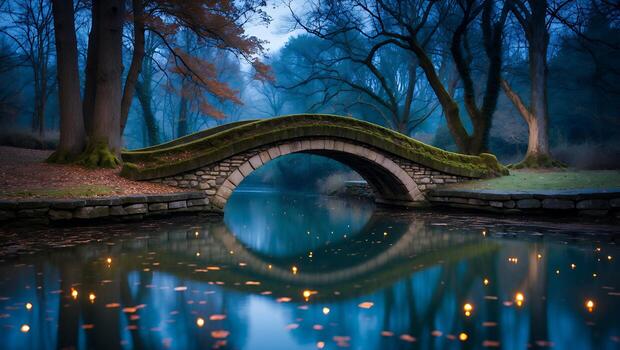 Arched Stone Bridge Reflecting in Calm Water at Dusk with Trees photo