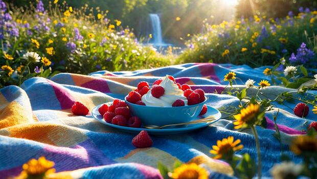 Enjoying Fresh Raspberries and Cream on a Quaint Picnic Blanket photo