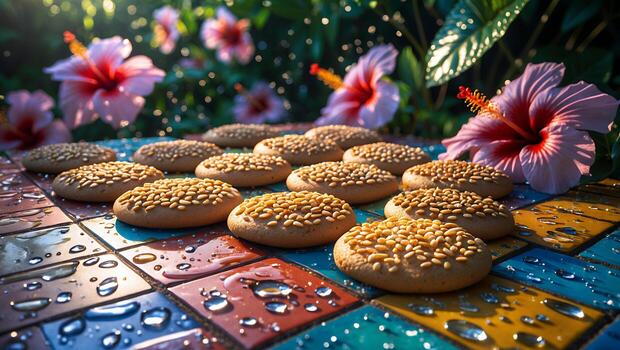 Cookies on Wet Tile Table with Hibiscus Flowers in Background photo