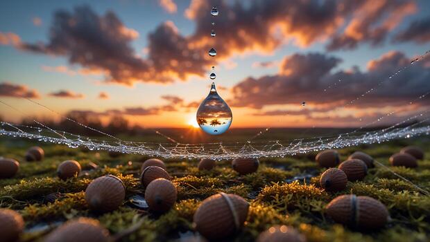 Water Drops Hanging on Spiderweb with Sunset Reflection and Acorns photo