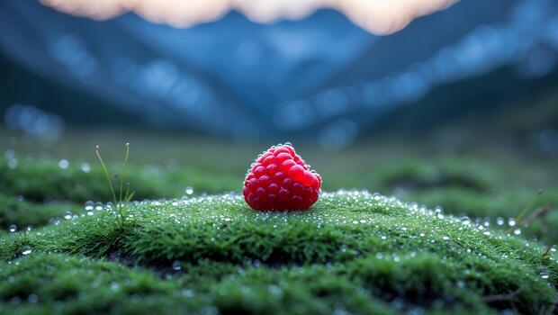 Raspberry on Moss with Water Droplets Mountain Backdrop Landscape photo