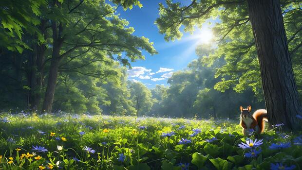 Squirrel Standing in Flower Field with Sunlight Through Green Trees photo