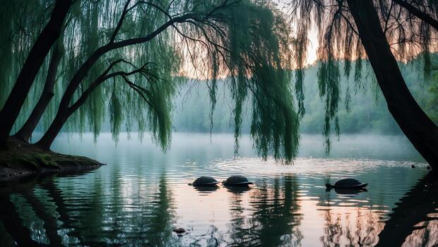 Turtles Swim in a Misty Lake Under Willow Trees at Dusk photo