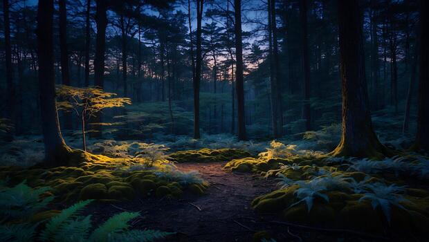 Walking Through Forest Pathway with Ferns and Moss at Twilight photo