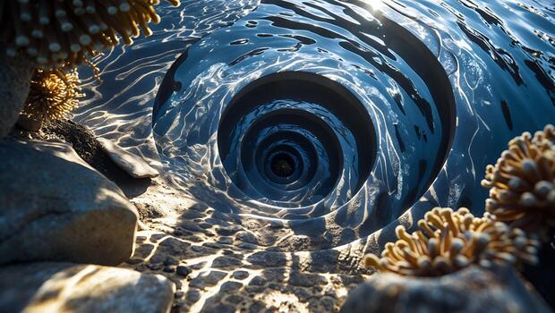 Water Vortex Creating a Swirling Tunnel Effect Near Shoreline photo