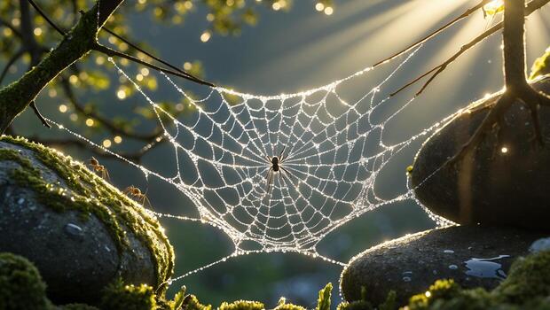 Spiderweb with Dewdrops Shining in Sunlight Strung Between Mossy Rocks photo