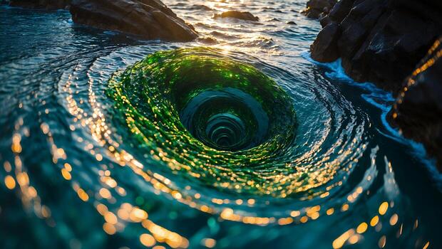 Whirlpool Forming in Ocean Water Surrounded by Coastal Rocks photo