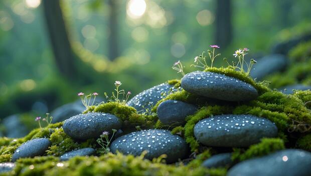 Stones with Moss and Flowers in Forest with Dew Droplets photo