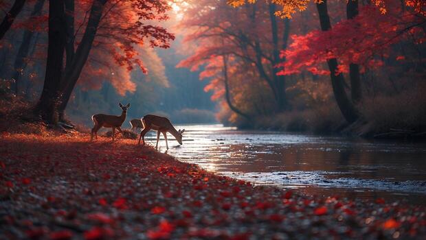 Deer Drinking From River in Colorful Autumn Forest Scenery photo