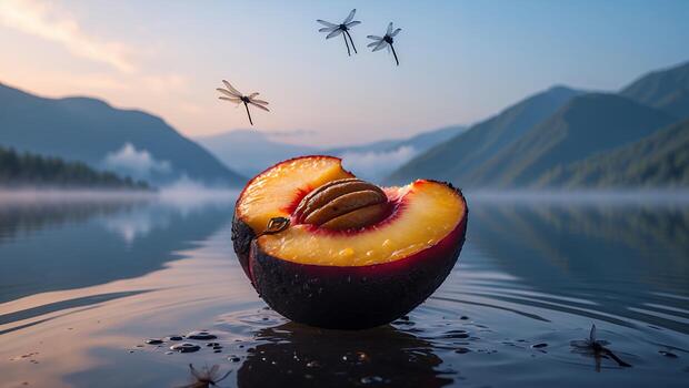 Cut Peach Half Floating on Lake at Sunrise with Dragonflies photo