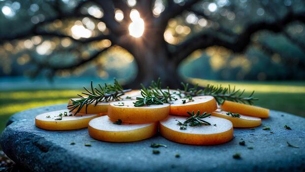 Serving Sliced Pears with Rosemary on Stone Slab in Nature photo