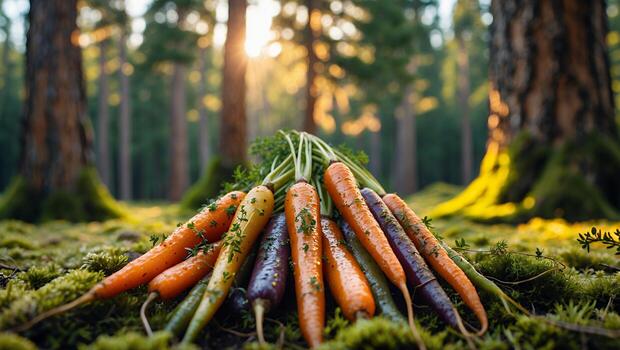 Arrangement of Fresh Colorful Carrots in Forest Setting with Natural Light photo