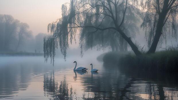 Swans Swim on a Foggy Lake, Surrounded by Weeping Willow Trees photo