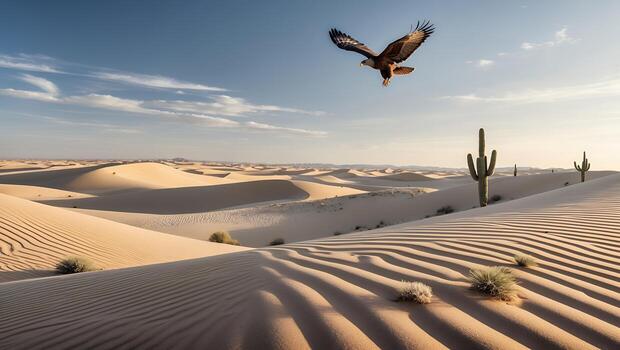 Eagle Flying Over Desert Dunes with Cacti and Open Sky photo