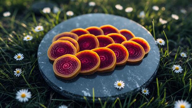 Sliced Beet Arrangement on Stone Slab Surrounded by Daisies in Grass photo