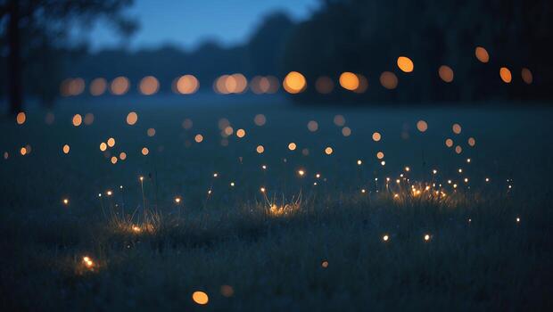 Glowing Lights on Grass Field Creating a Magical Night Atmosphere photo