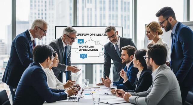 Team Discussing Workflow Optimization Strategies In Office photo