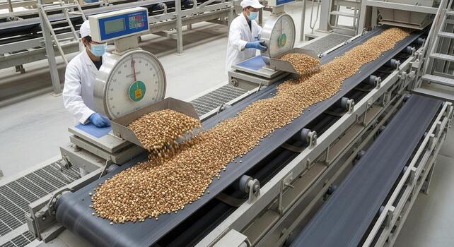 Processing Line With Workers Sorting Nuts photo