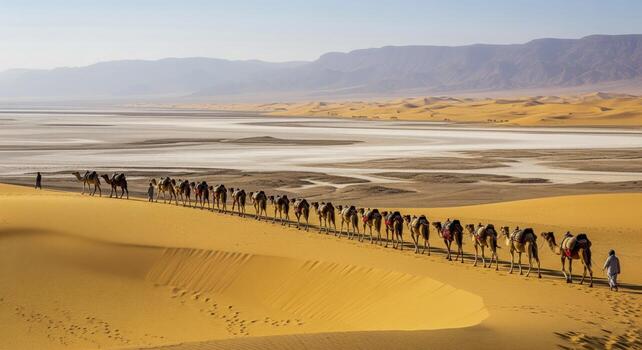 Camel Caravan Crossing Vast Desert Landscape photo