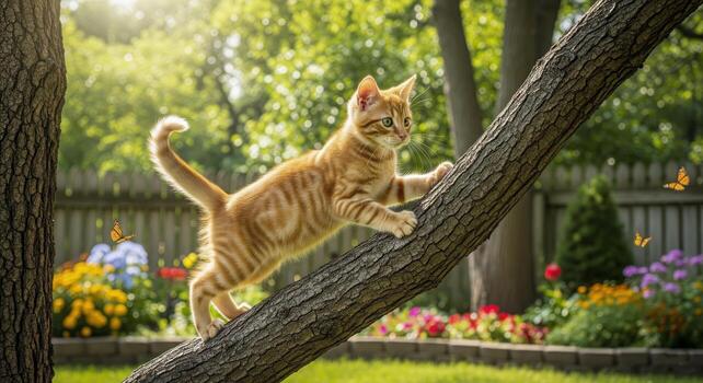 Curious Orange Kitten Climbing Tree in Garden photo