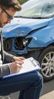 Man Filling Out Insurance Form After Accident photo