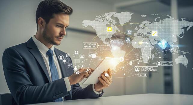 Businessman Utilizing Digital Global Technology Interface photo